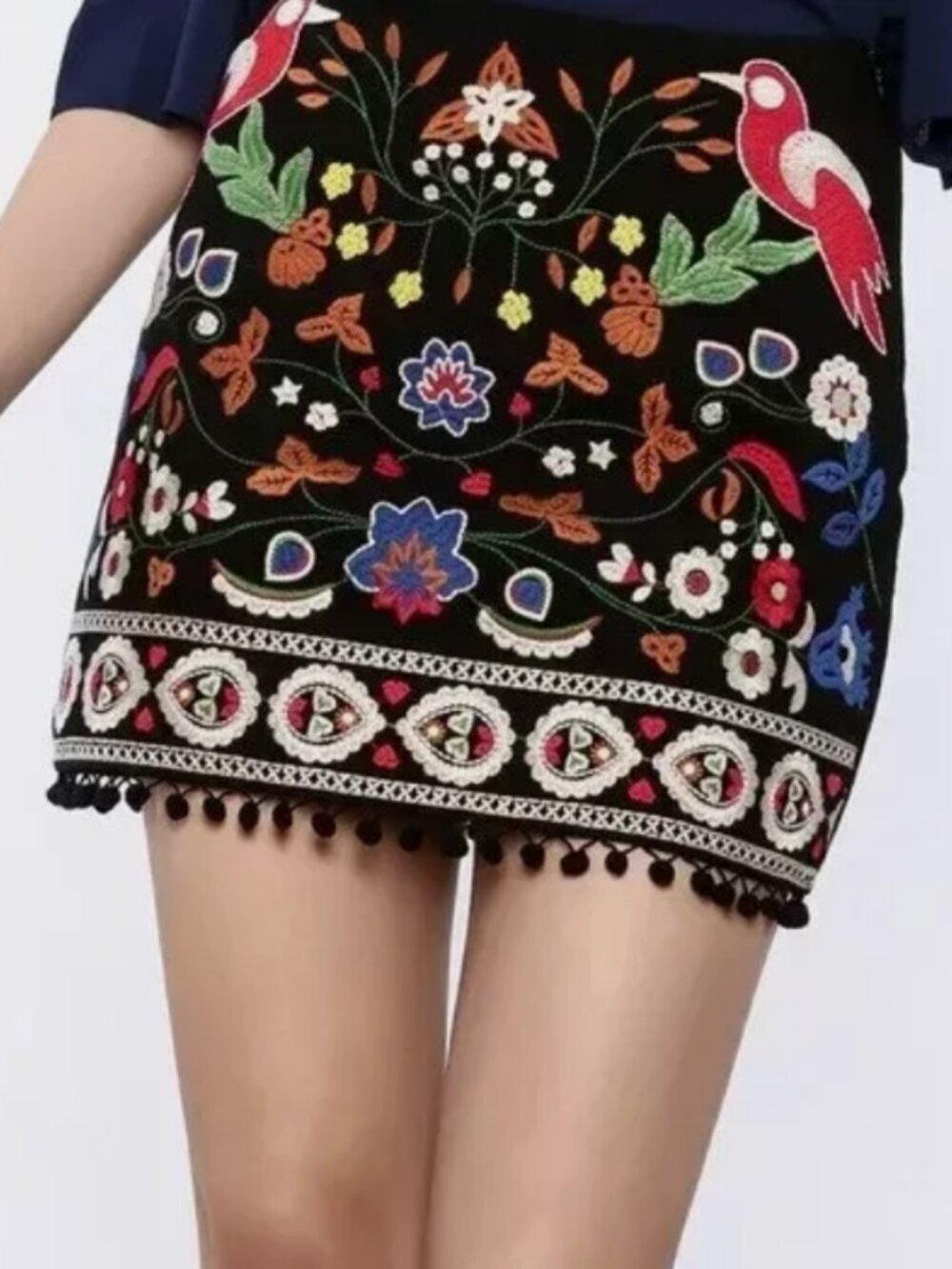 Island Girl Embroidered Mini Skirt Bird Floral Boho Pom Pom Trim Size S